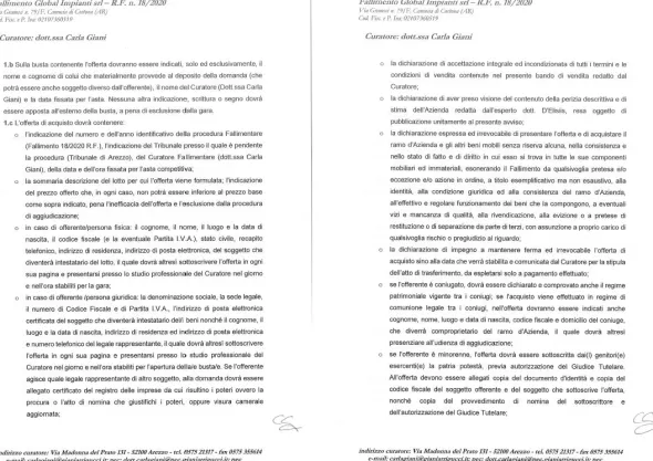 Cessione ramo d'azienda fall. 18/2020 Trib. Arezzo