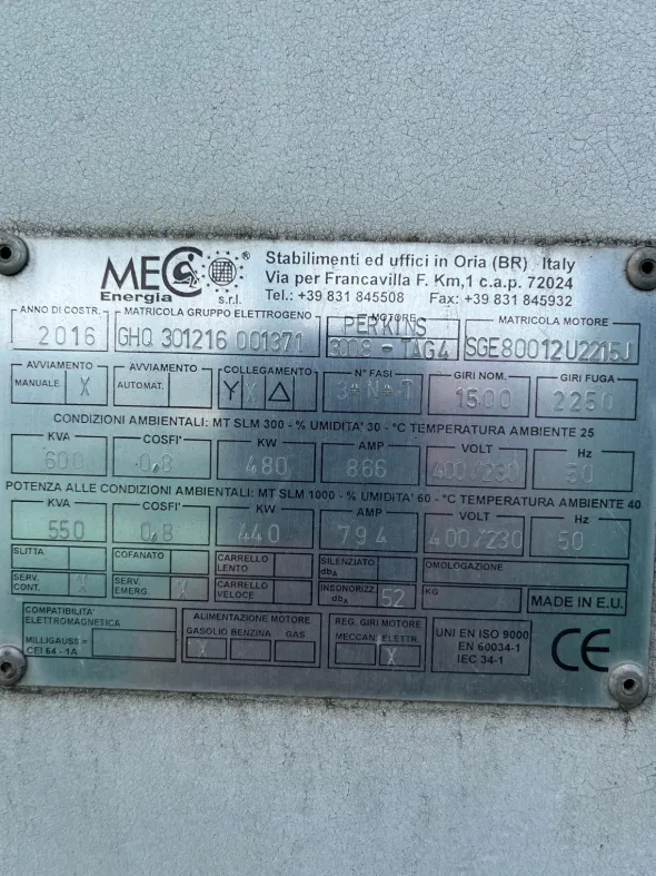 Generatore MEC gruppo elettrogeno da 600 kva