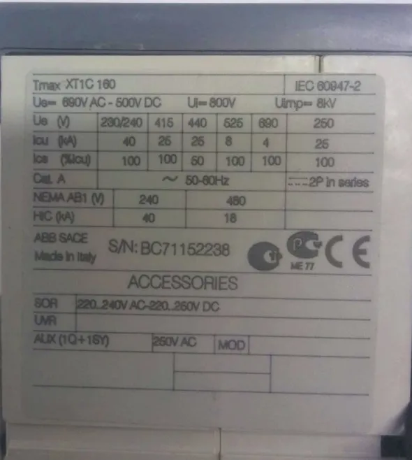 Interruttore ABB mod. Sace Tmax XT1C160
