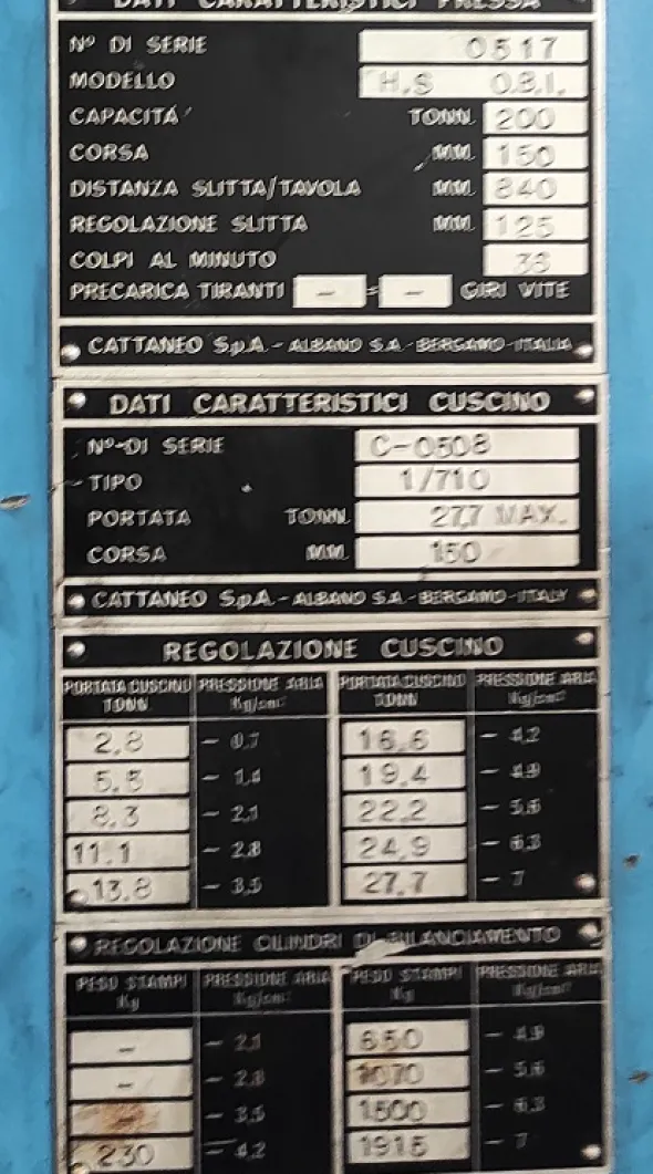 PRESSA CATTANEO/CLEARING 200 TONNELLATE