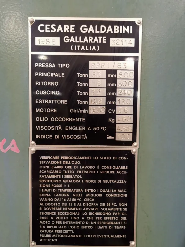 PRESSA IDRAULICA GALDABINI 63 TONS 1985